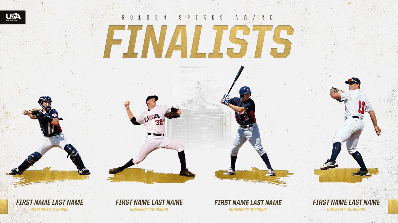 Golden Spikes Award finalists promotional template graphic featuring four baseball player action poses.