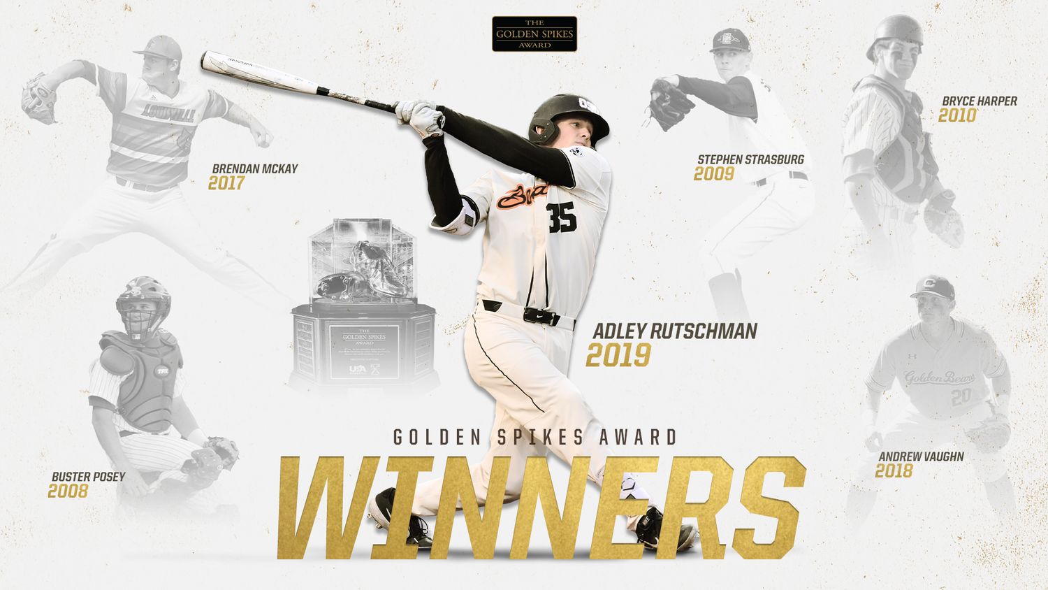 Golden Spikes Award Winners graphic featuring Adley Rutschman 2019 and past college baseball award recipients.