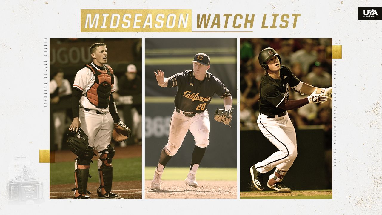 USA Baseball Golden Spikes Award Midseason Watch List graphic featuring three college baseball player candidates.