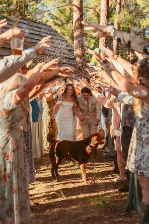 Wedding group performs choreographed dance routine on fallen pine needles under tall trees at outdoor celebration.