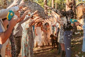 Wedding guests form an archway tunnel outdoors during a sunny celebration in a wooded setting.