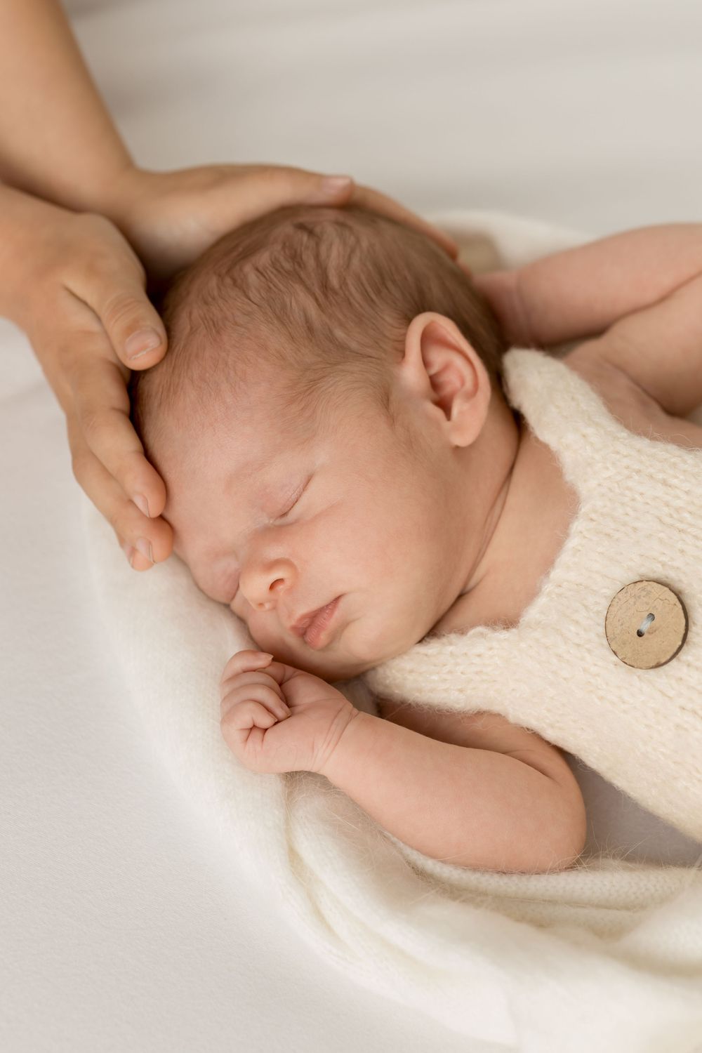 Big sister cradles newborn baby sibling's head with her hands. Baby sleeps wearing knitted overalls. Newborn Photography. Textures, neutral