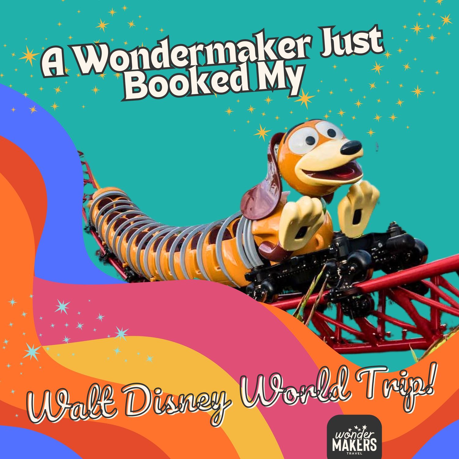 Teal banner featuring Toy Story Land attractions and Slinky Dog Dash coaster at Disney World.