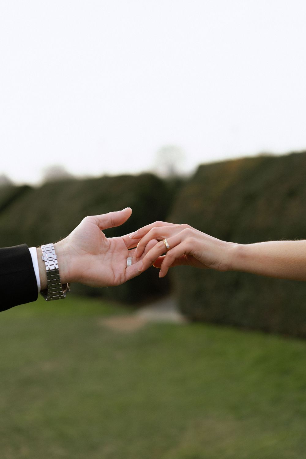 Two hands reach out to touch in a tender moment against a blurred green outdoor background, one wearing a silver watch.