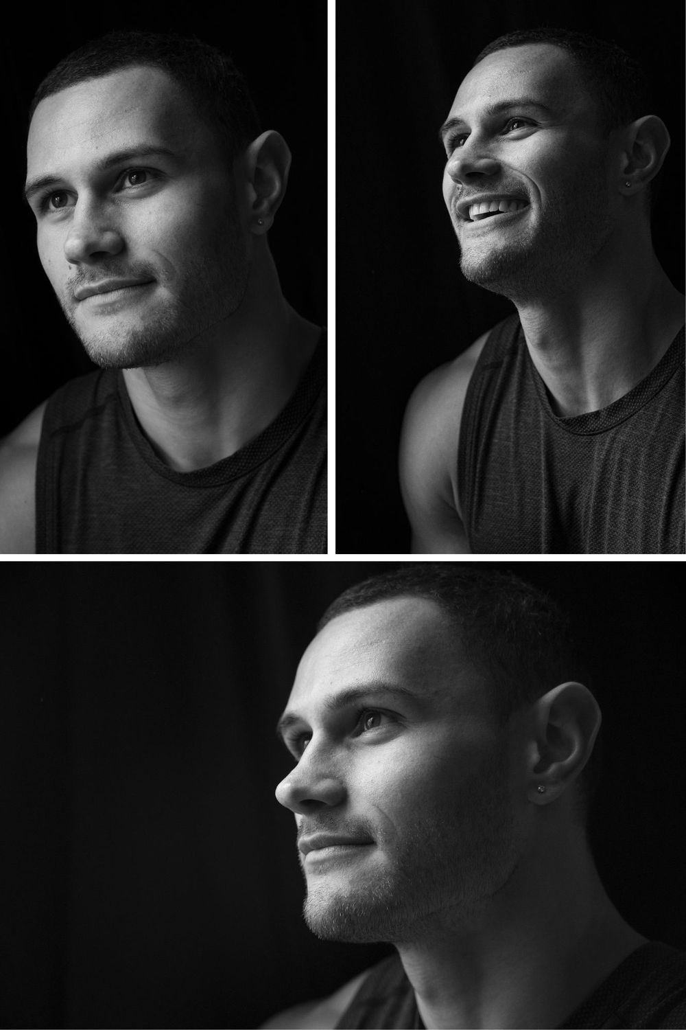 Black and white collage of a young athletic man in a tank top posing for portrait photos.