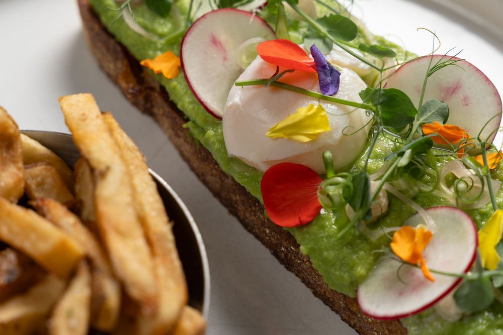 Avocado toast on dark bread topped with radishes, edible flowers, and microgreens served alongside crispy fries.