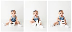 Baby girl in denim romper sitting with white ONE letters for 1st birthday photo collage.