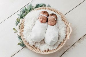 Twin newborns photographer in Menifee: baby girl twins swaddled in white wraps sleeping in a wicker basket with greenery.