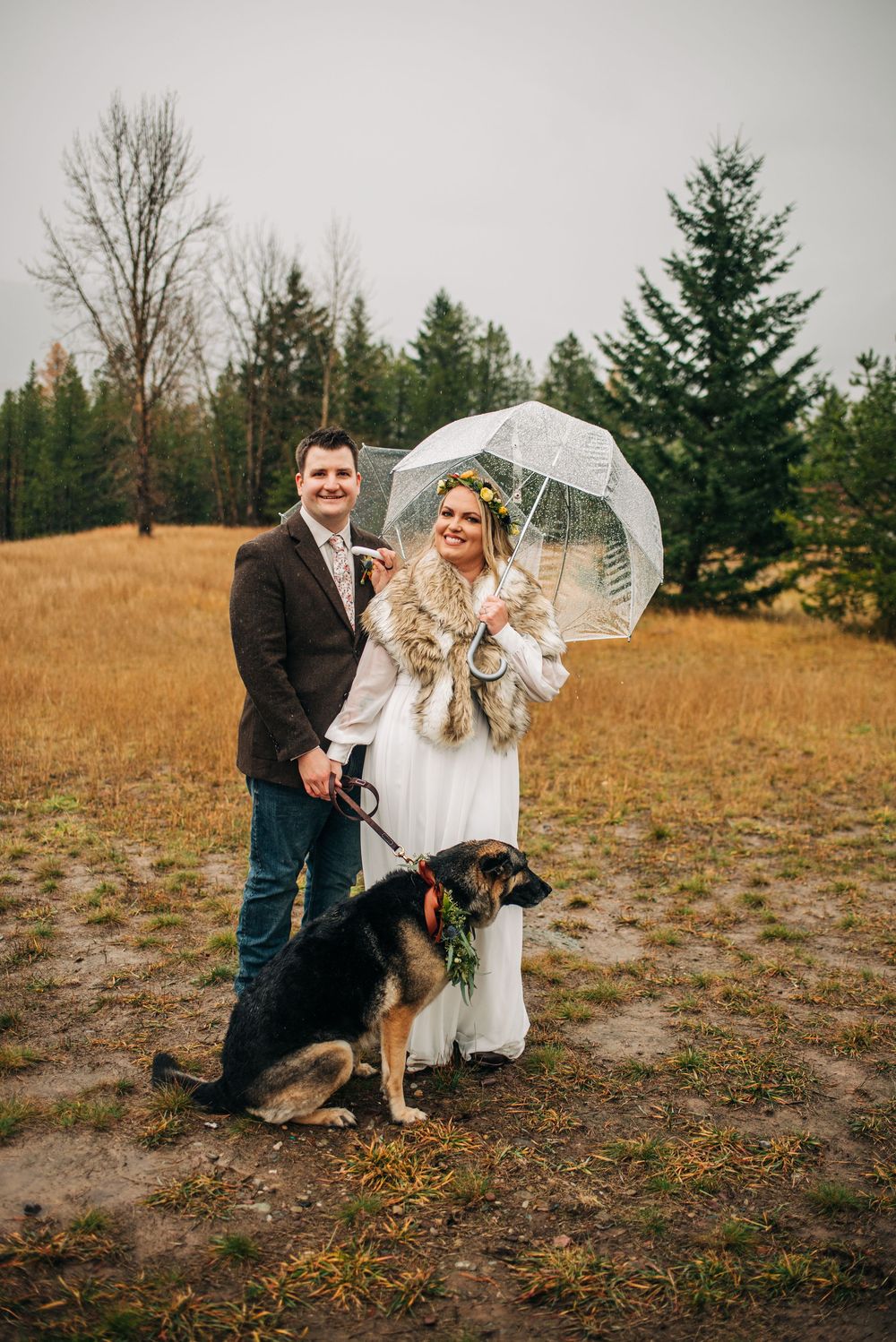 Bride and groom posing with German Shepherd dog under clear umbrella in rustic outdoor field setting.