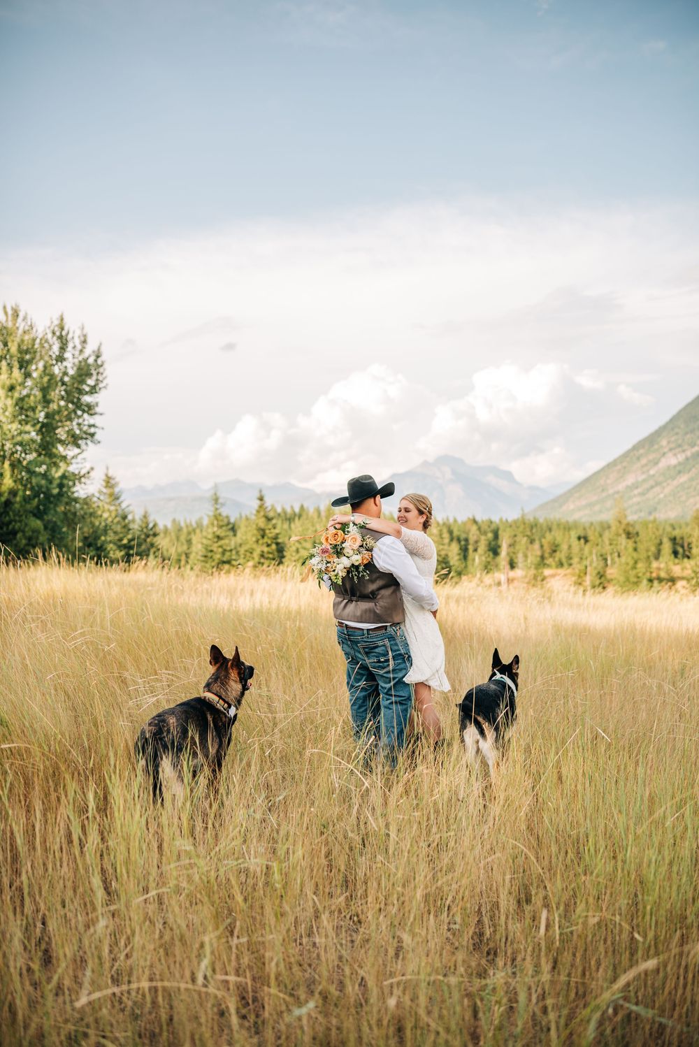 Couple embracing in golden field with two German Shepherds, mountains and trees in background, rustic outdoor wedding photo.