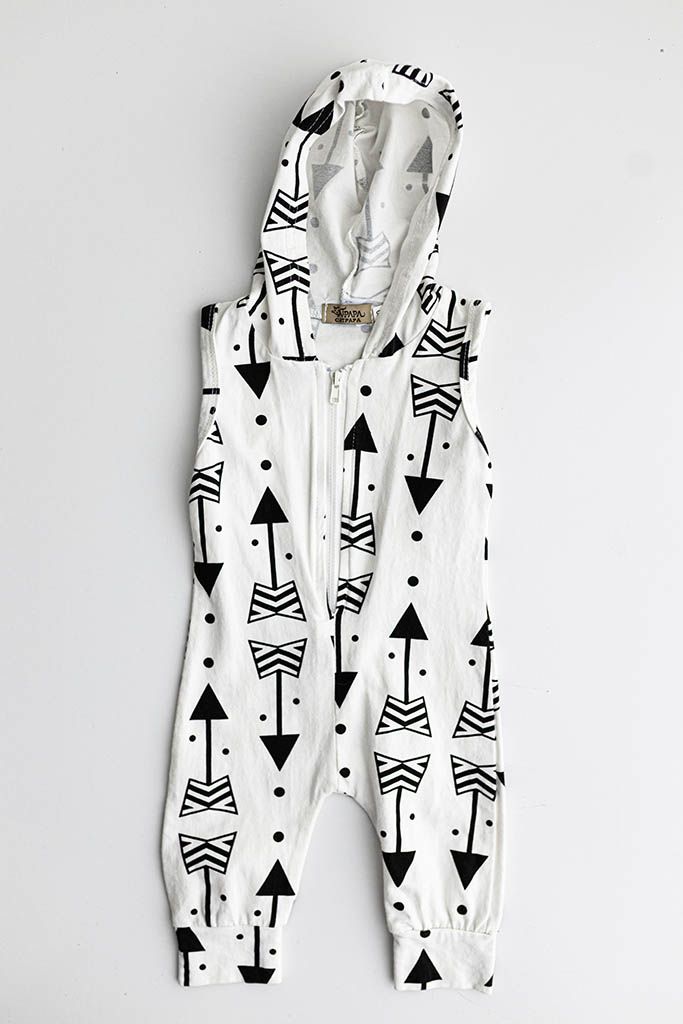 Black and white sleeveless hooded baby romper.