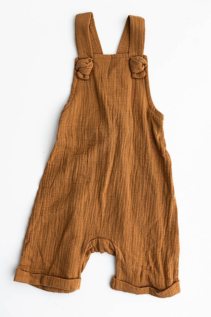 Brown textured muslin baby overalls for baby photoshoot in Menifee CA.