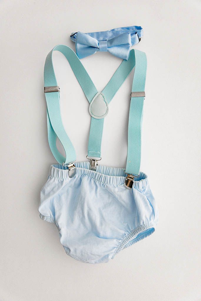 Light blue baby bloomers set with matching suspenders and bow tie for baby photography in Perris CA.