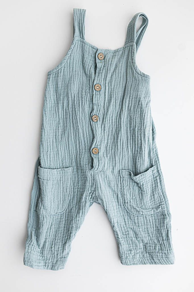 Light blue gauze cotton baby overalls, natural and organic baby photography.