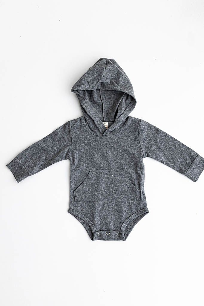 Dark gray heathered long sleeve hooded baby bodysuit, baby milestone photographer Inland Empire.