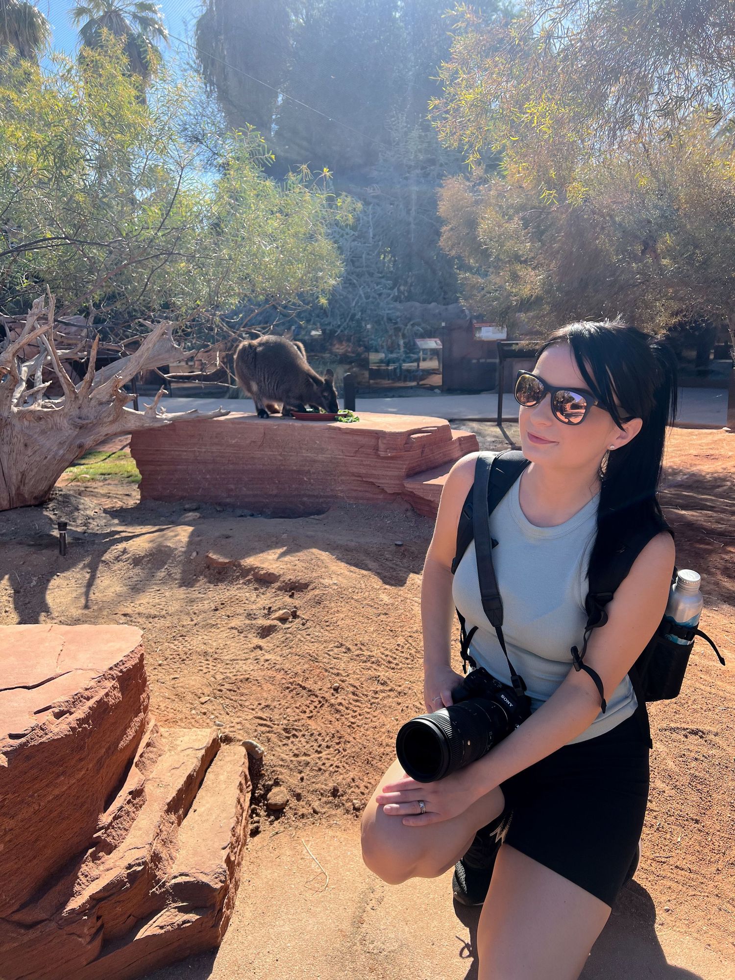 Young woman with black hair and sunglasses sitting at a zoo exhibit with a camera around her neck.
