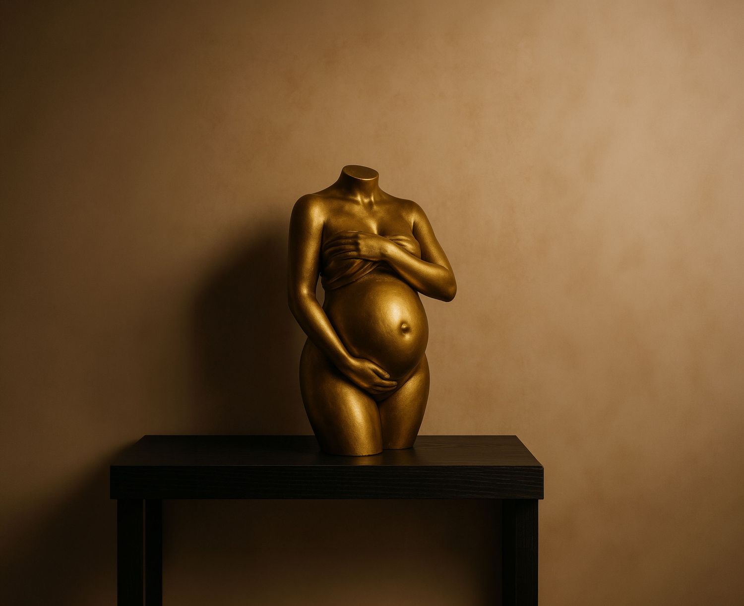 Gold painted pregnant woman sculpture displayed on a black table against a warm beige wall. Vanessa Charlotte Photography  Wolverhampton