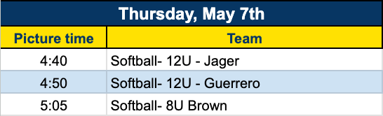 Baseball and softball team photo schedule with time slots organized by team name.