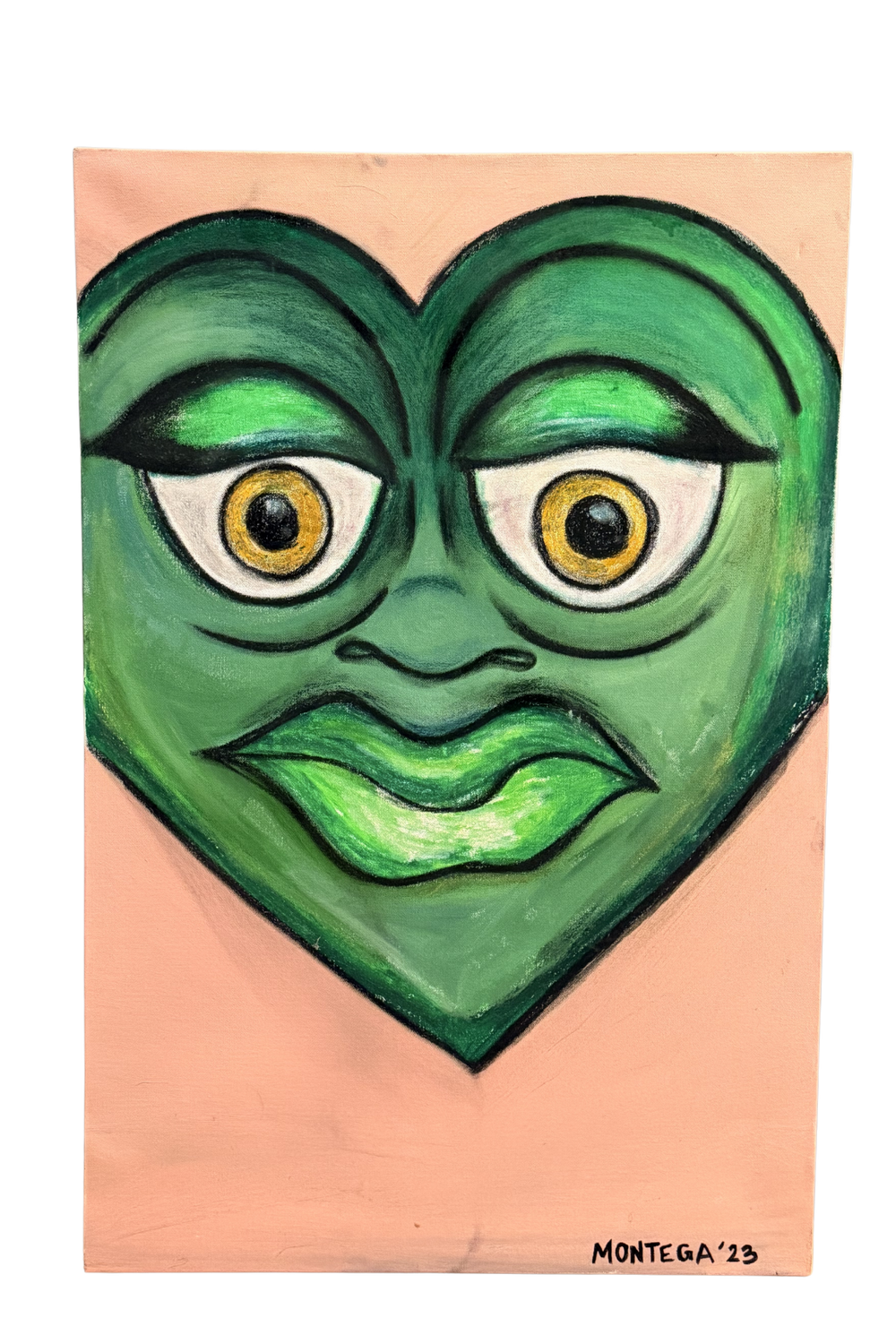 Green heart-shaped face painting with yellow eyes and full lips, signed Montega 2023, on peach background.
