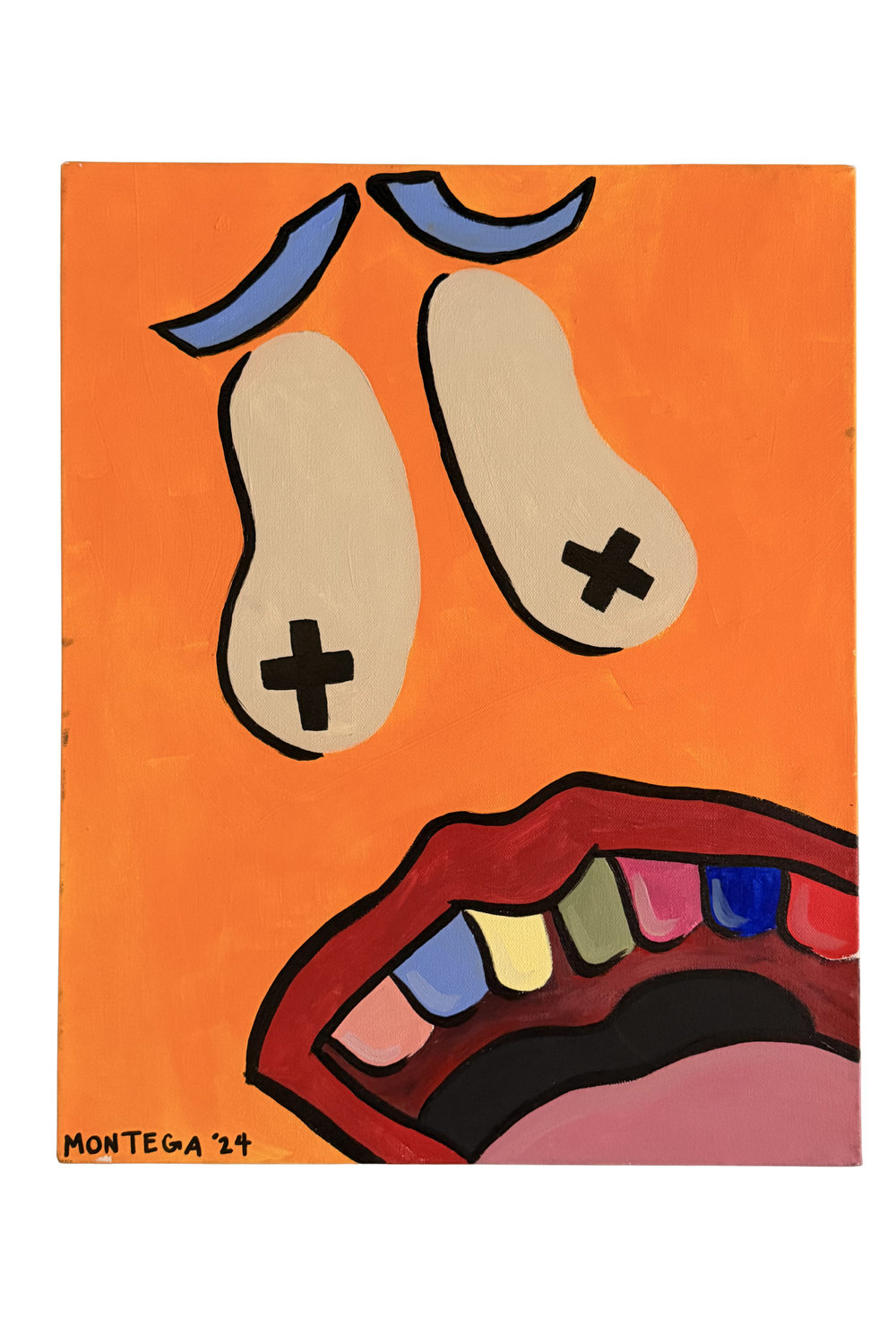 Abstract face painting by Montega '24 with colorful teeth, cross-marked eyes on orange background.