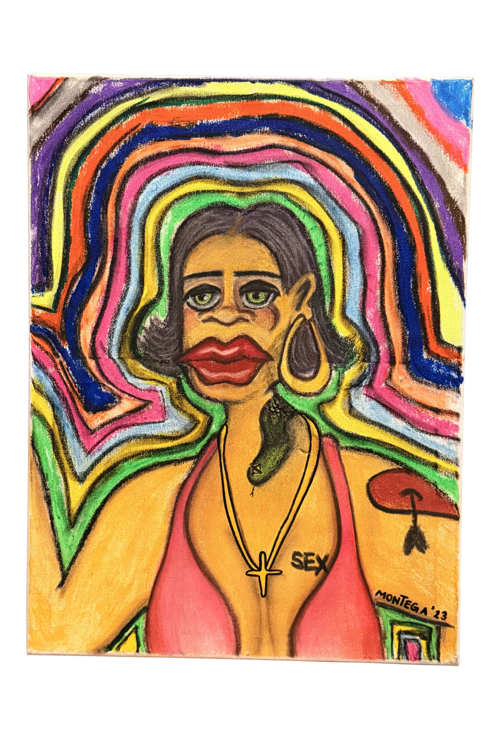 Colorful psychedelic portrait painting of a woman with bold red lips, rainbow halo, and SEX necklace, signed Montega 23.