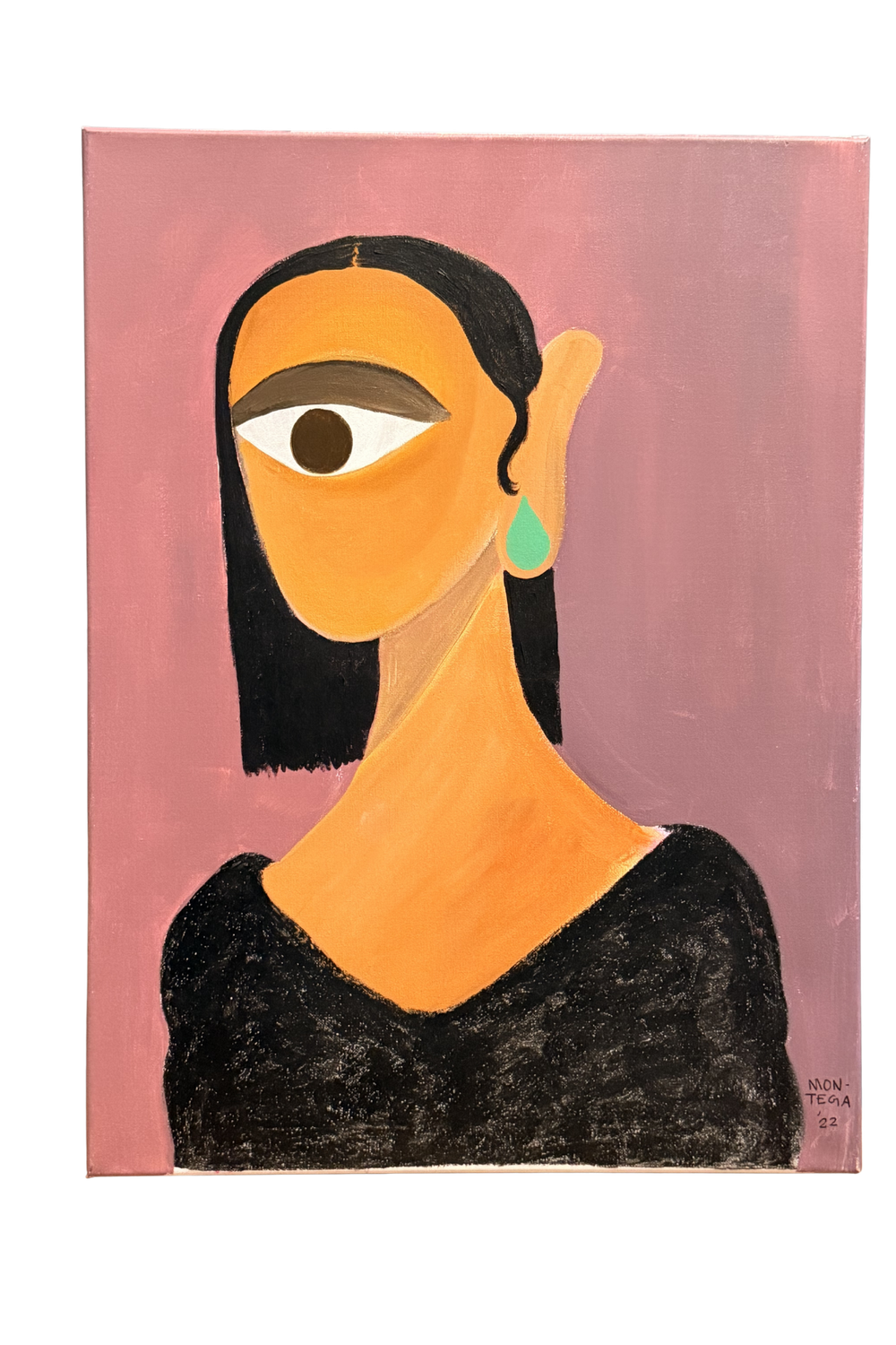 Abstract portrait painting of a woman with black hair and teal earring wearing a black top on a pink background.