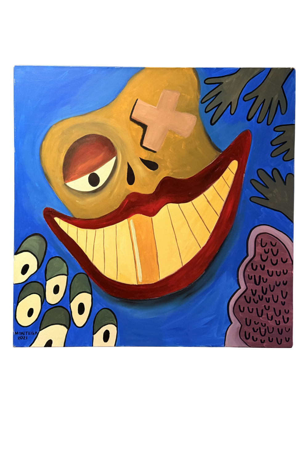 Colorful abstract painting featuring a large grinning face with a cross bandage, surrounded by hands and eyes on blue background.