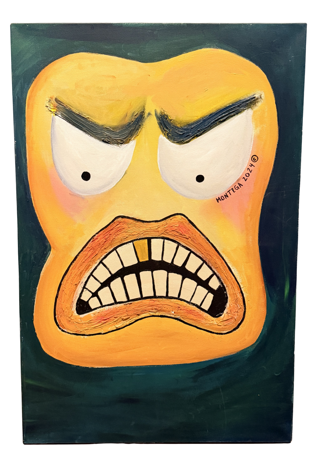 Bold acrylic painting of an angry orange face with furrowed brows and open mouth showing teeth on dark background.