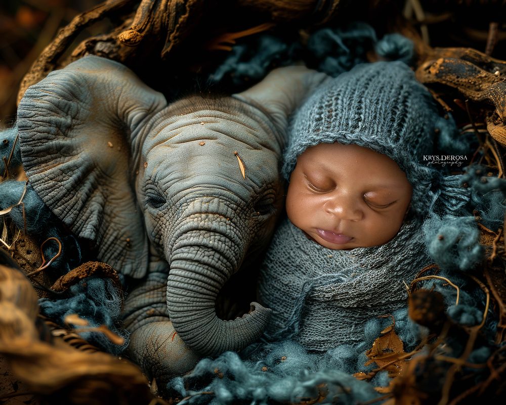 Newborn baby sleeping peacefully in blue knit hat beside a baby elephant figurine in a cozy nest.