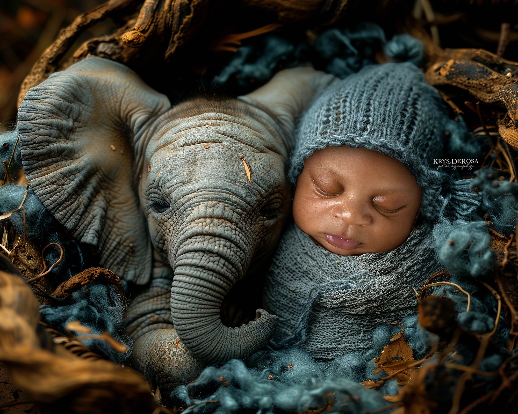 Newborn baby sleeping peacefully in blue knit hat beside a baby elephant figurine in a cozy nest.