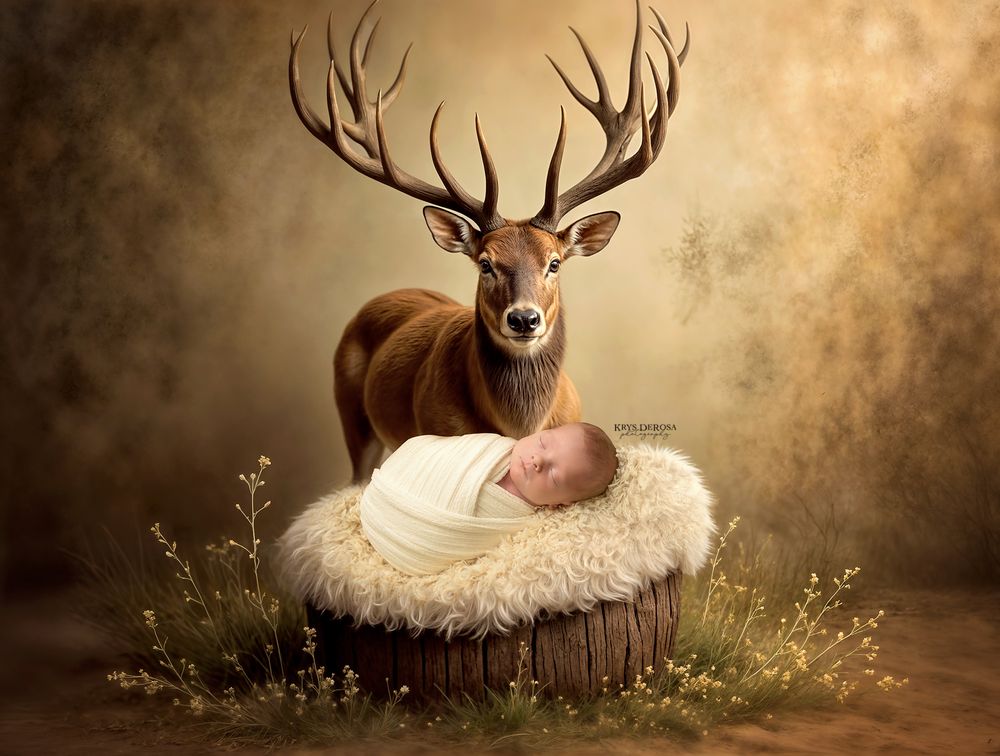 A sleeping newborn baby wrapped in white swaddle rests in a fur-lined wooden bowl beside a majestic deer with large antlers.
