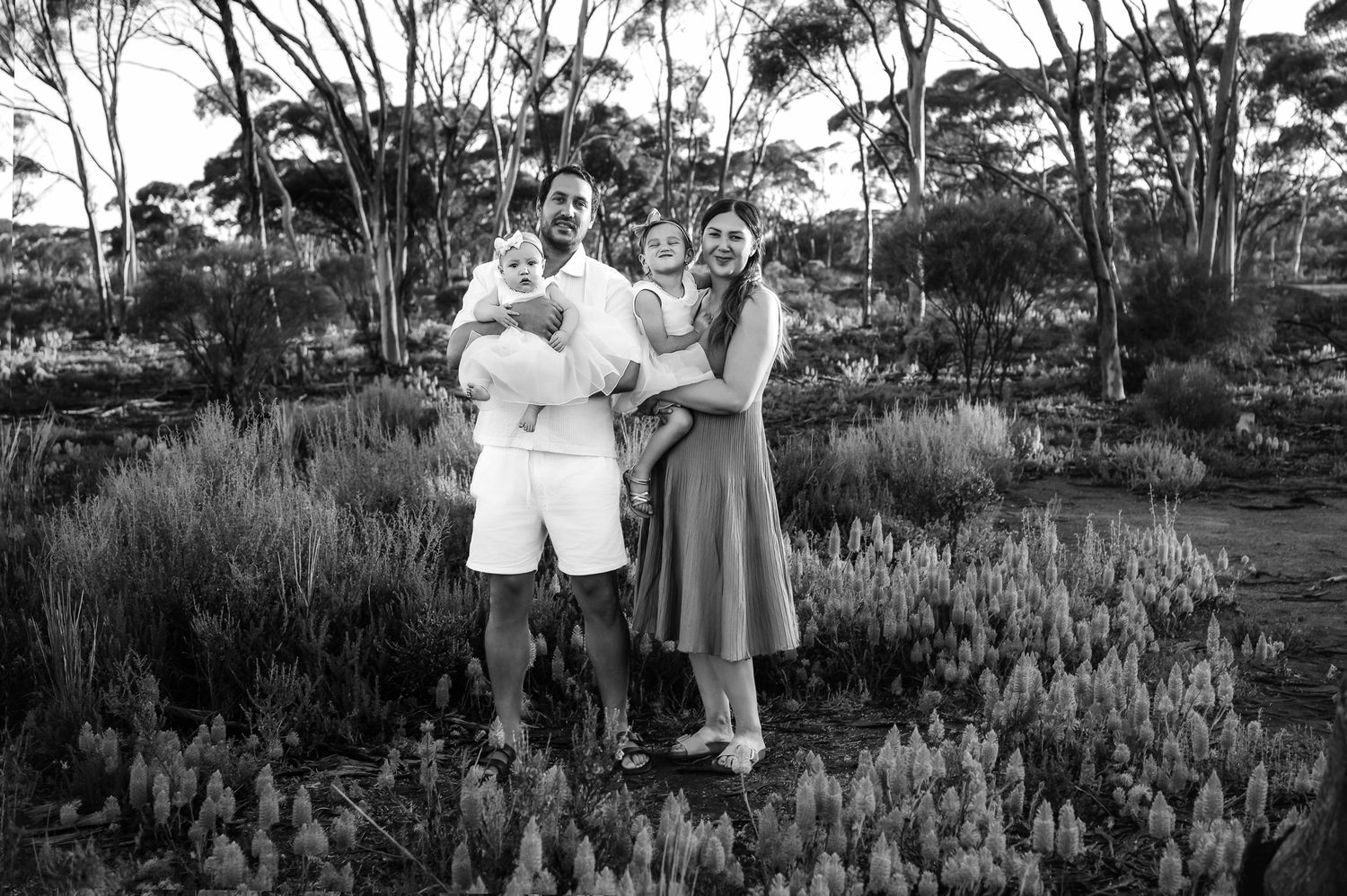 Black and white family portrait of parents holding two young children among wildflowers and native Australian bush trees.