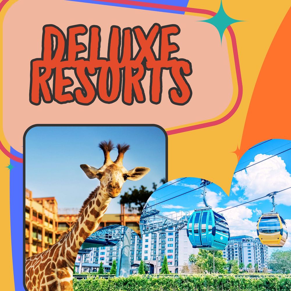 Resort buildings and giraffe illustration with colorful wavy design elements.