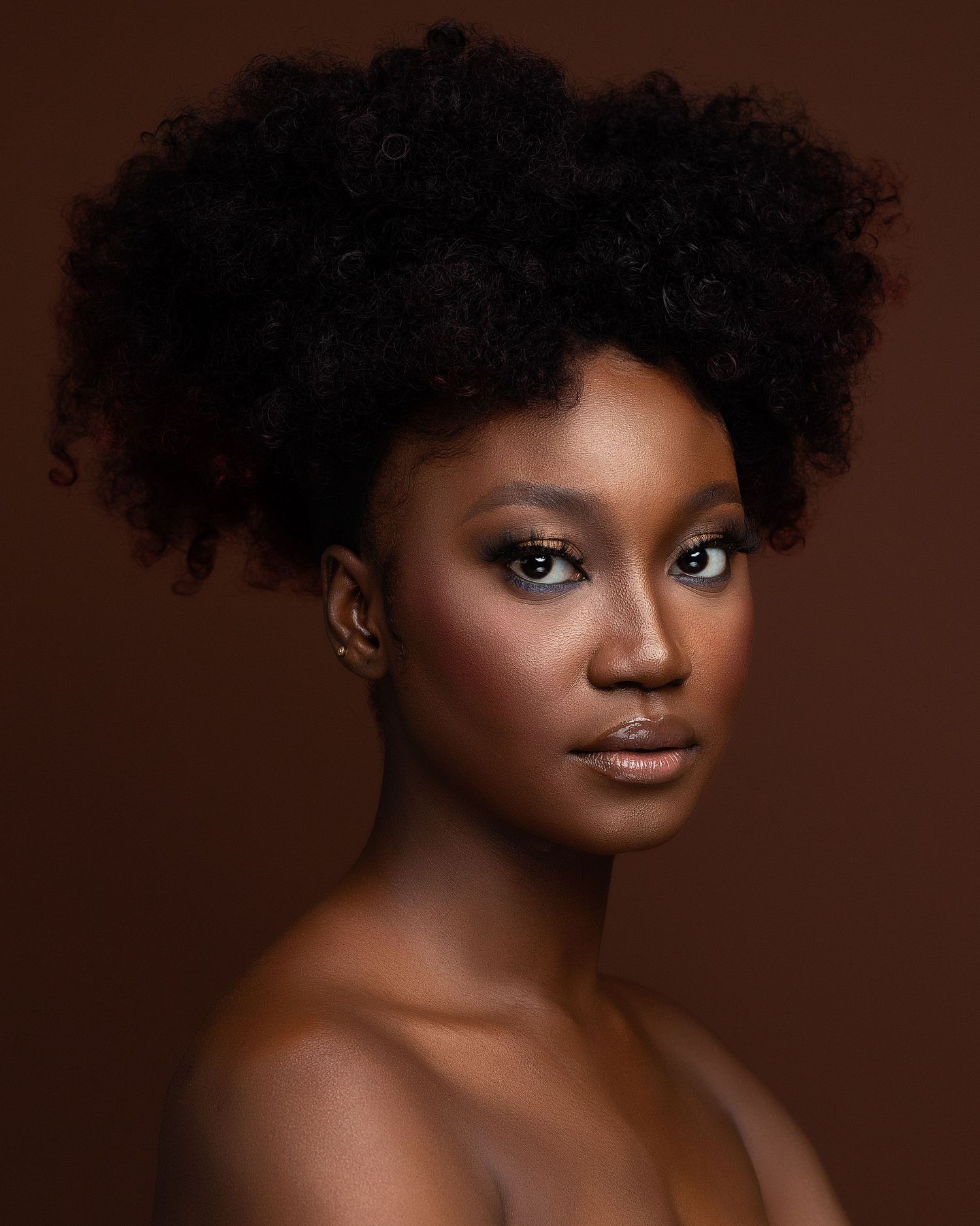 Beauty portrait of woman with natural afro hair against brown background.