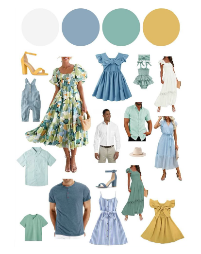 A fashion mood board featuring coordinated outfits in blue, mint green, and mustard yellow colors with dresses, shirts, and accessories.