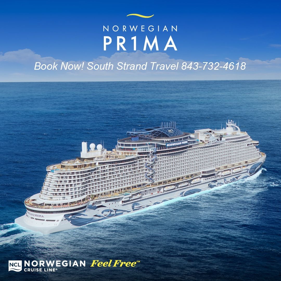 Norwegian Prima cruise ship sailing across blue ocean waters with multiple decks and modern design features.