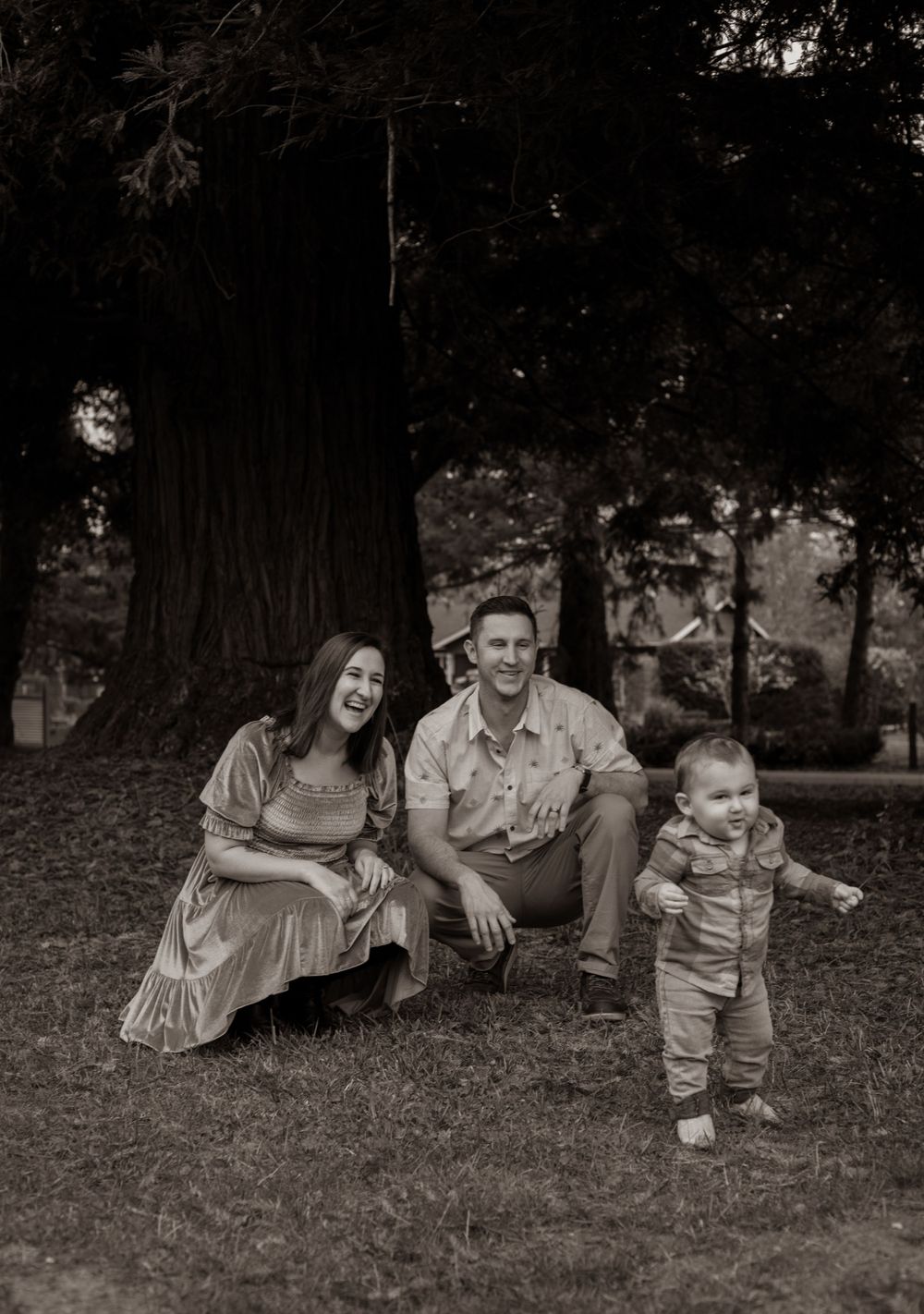 Black and white portrait of family relaxing under large tree in park setting.