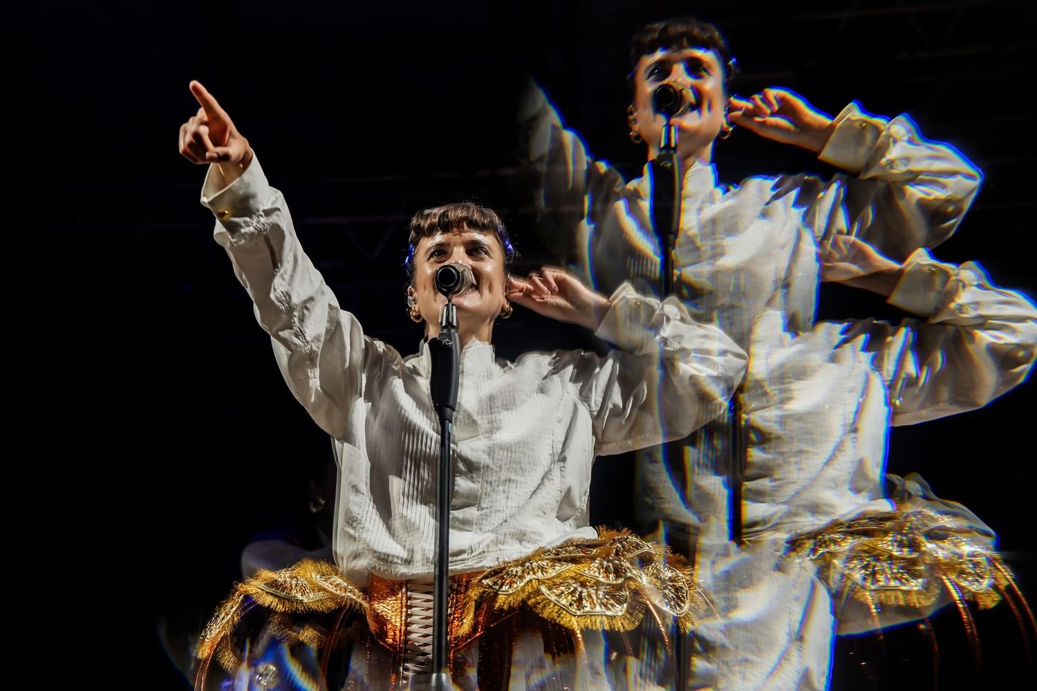 Un chanteur en concert, capturé en noir et blanc, s’adresse au public avec intensité sous les projecteurs de la scène.