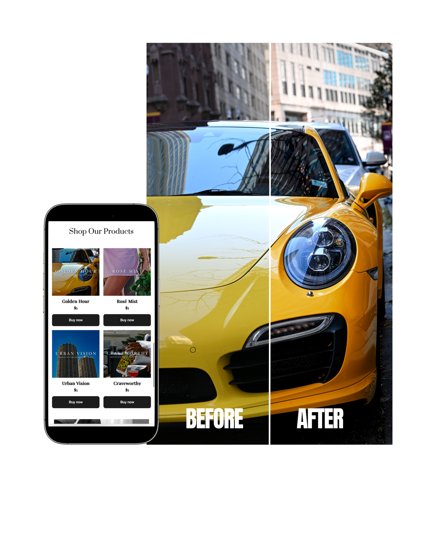 A photo editing app mockup shows before and after views of a yellow Porsche sports car with a smartphone interface.
