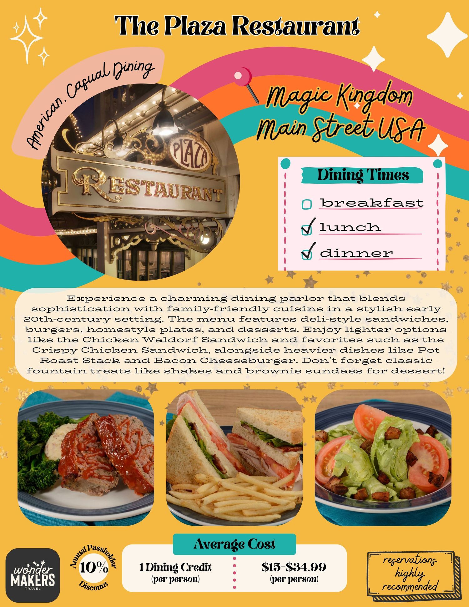 Vintage restaurant menu design with coral background showcasing Plaza Restaurant at Magic Kingdom with food photos.