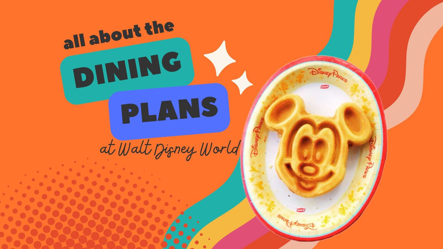 Colorful graphic design showing a latte with Mickey Mouse art in foam against an orange background with rainbow swirls.
