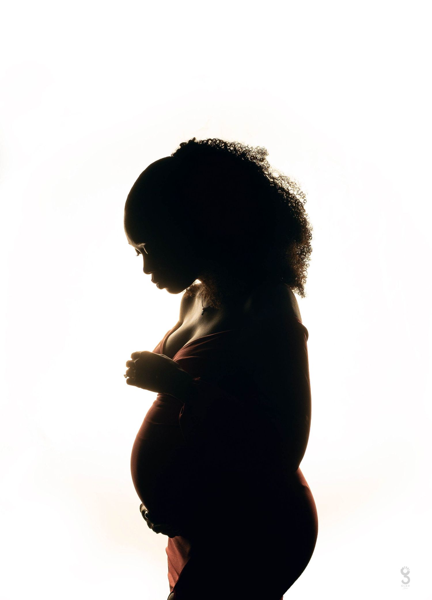 Artistic silhouette of a pregnant woman in profile against a white background.