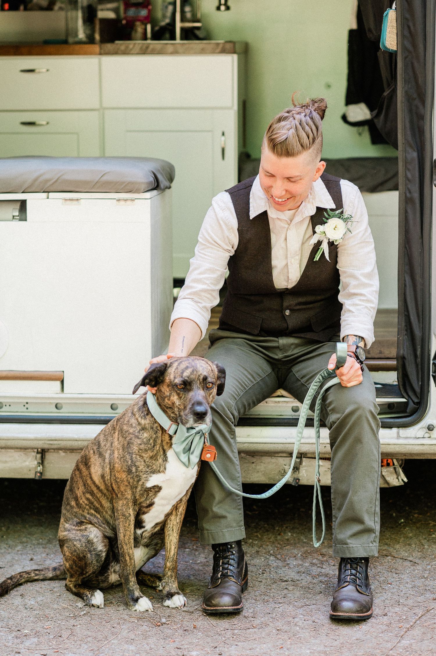 bride sitting with her dog