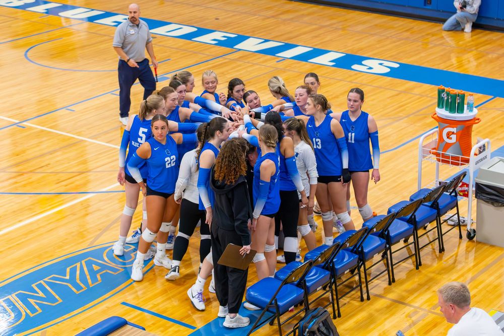 Team members celebrate a point during a volleyball game in a bright indoor gymnasium.
