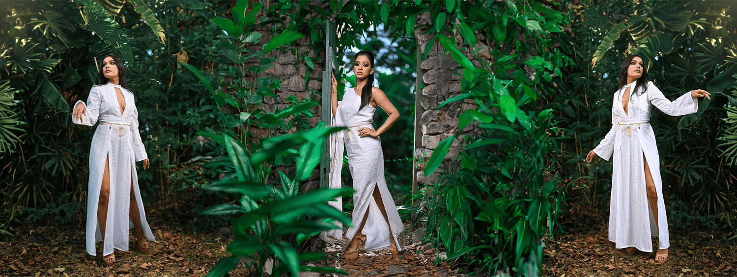 Three artistic poses of person in white outfit against lush green tropical garden backdrop.