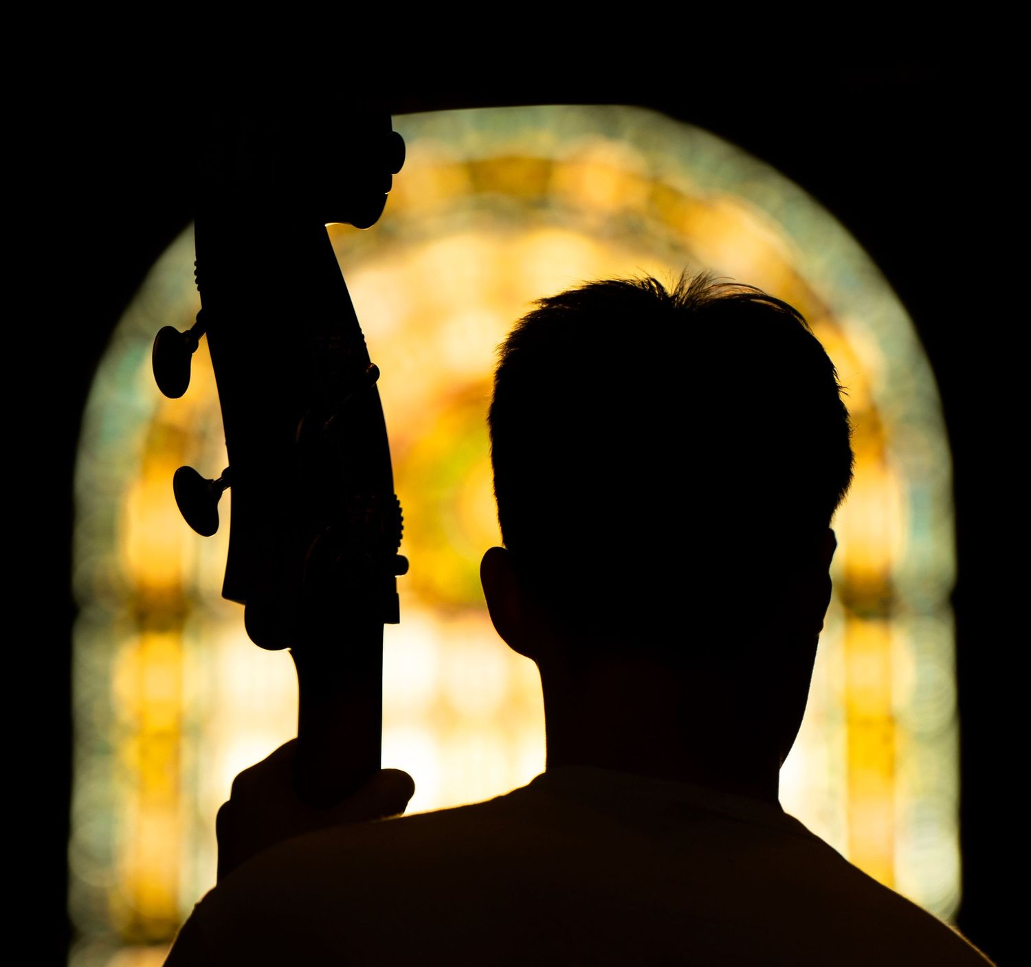 A stand up bass musician is silhouetted against stained glass windows.