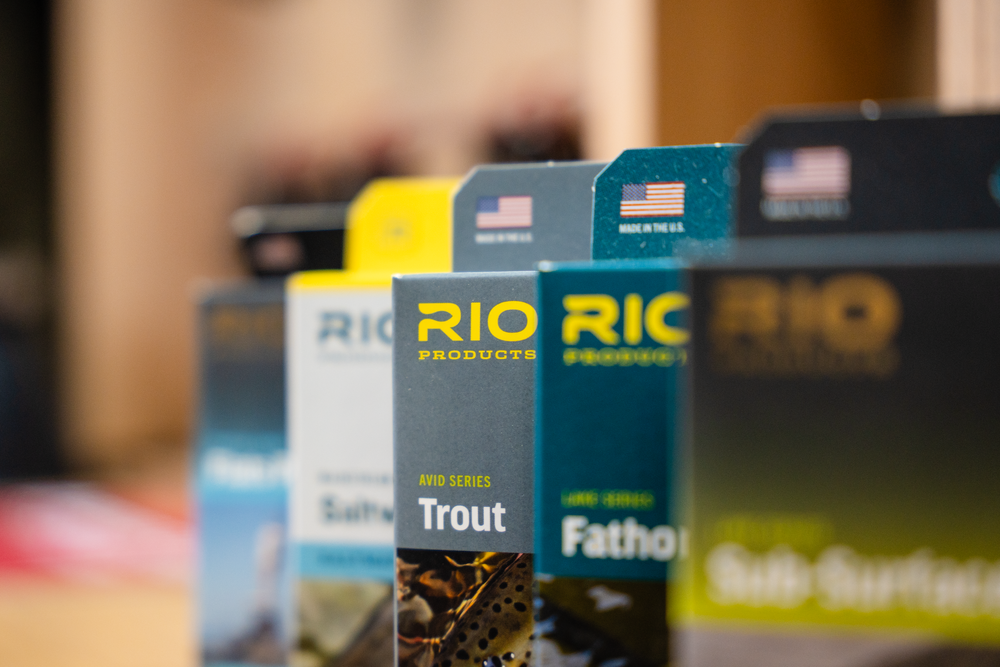 Close-up of RIO brand fly fishing line packages for trout and other species.