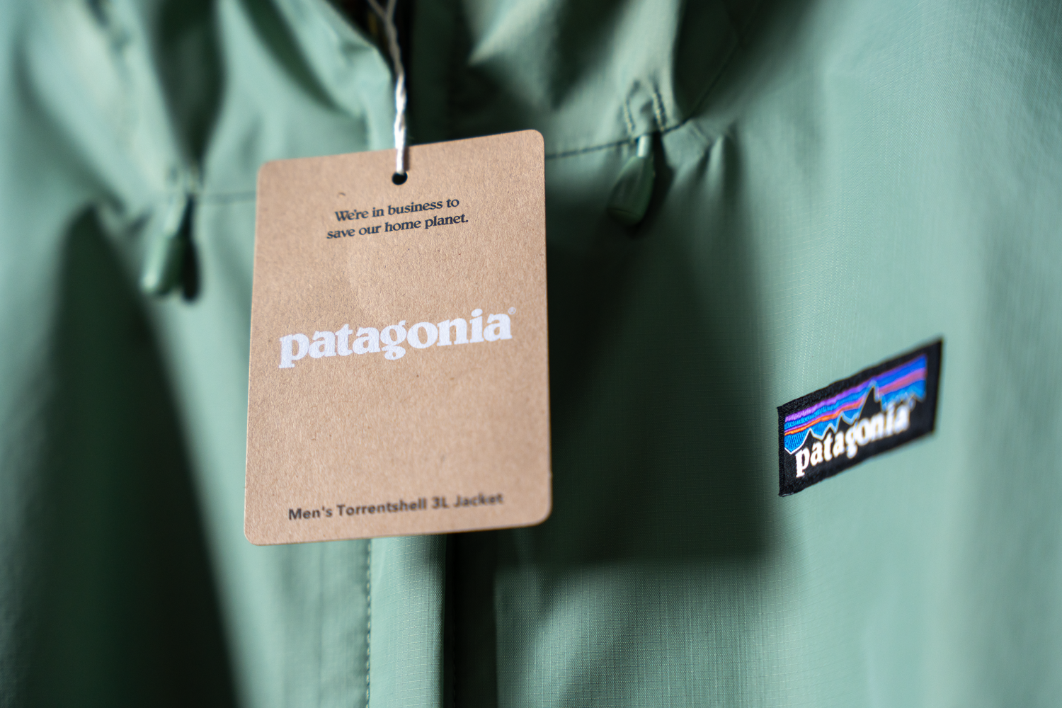 Row of Patagonia clothing tags displayed against mint green background.