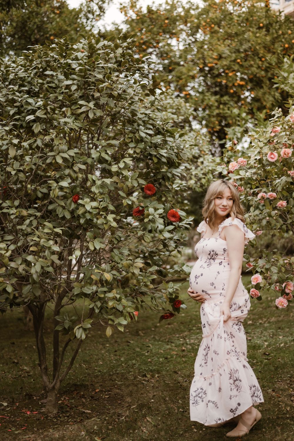 A maternity photo in a rose garden with a flowing floral dress.