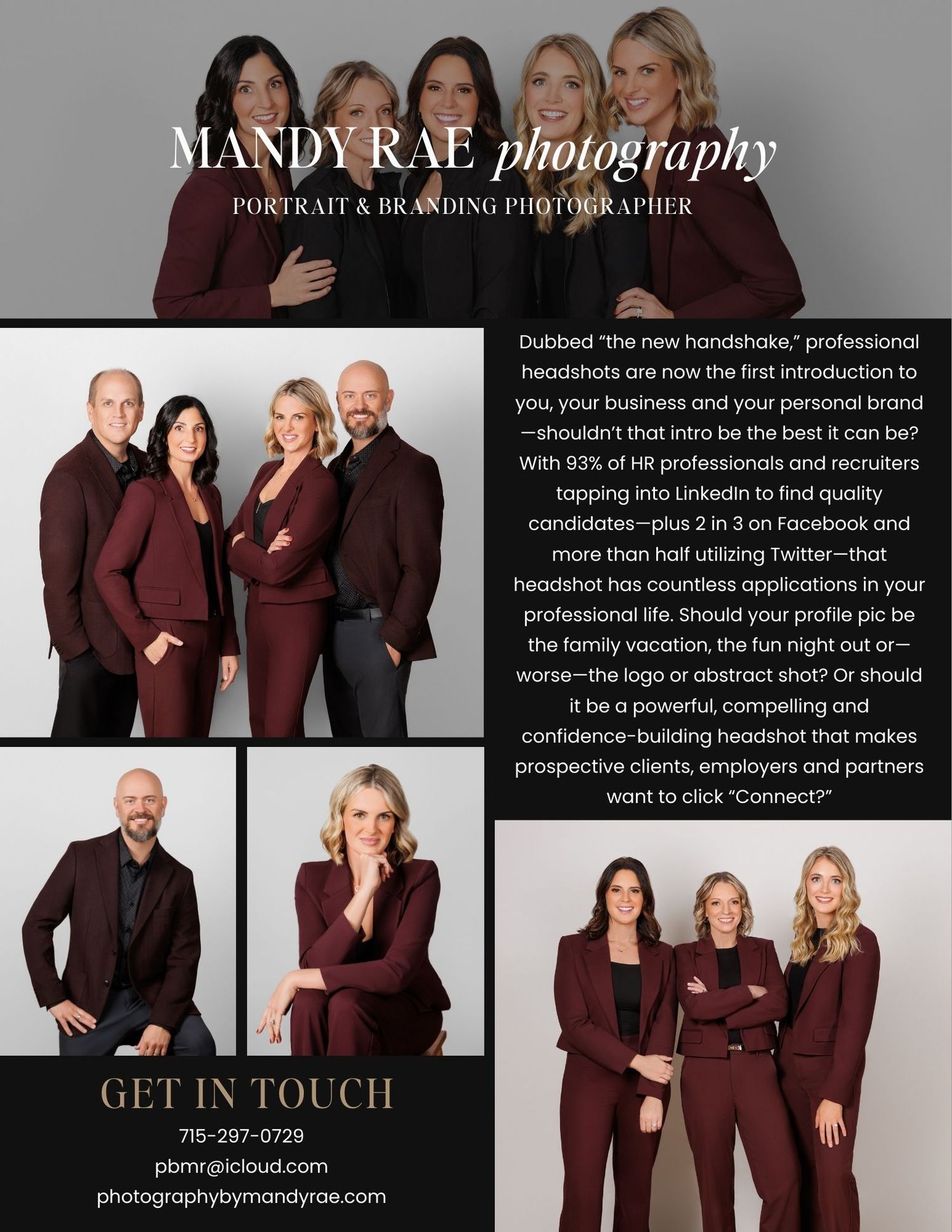 Professional photography website banner showcasing portraits in burgundy tones with elegant studio branding.